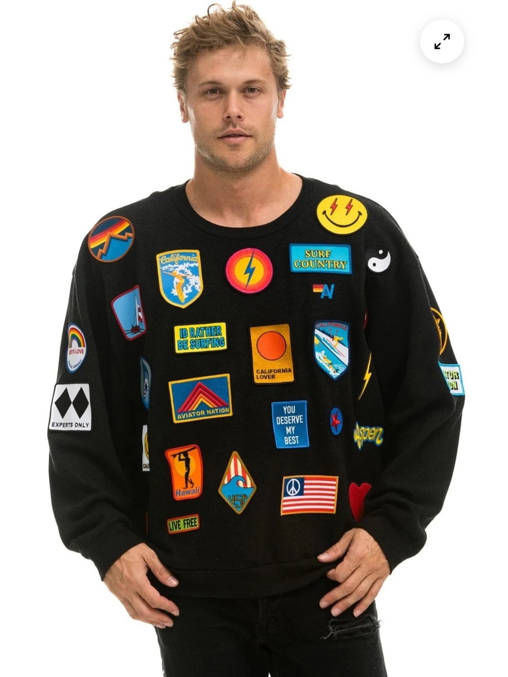 New Aviator Nation VINTAGE PATCH RELAXED CREW
SWEATSHIRT -BLACK Small
